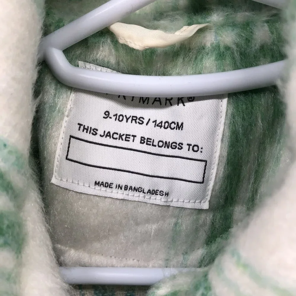 Primark Kids Girls Size 9-10 Years 140 cm Shacket Green White Plaid‎ Fuzzy Fall